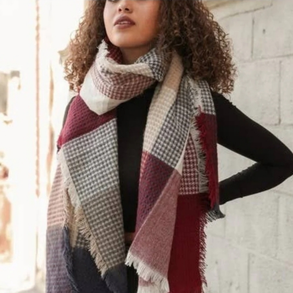 Plaid Waffle Knit Blanket Scarf